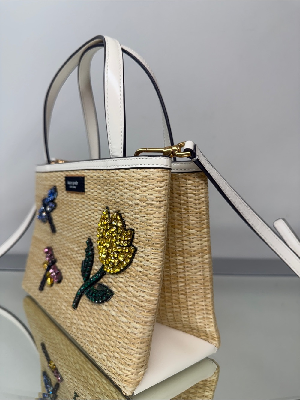 KATE SPADE Sam Icon Dragonfly Embellished Straw Small Tote Crossbody Bag Purse - Picture 10 of 17